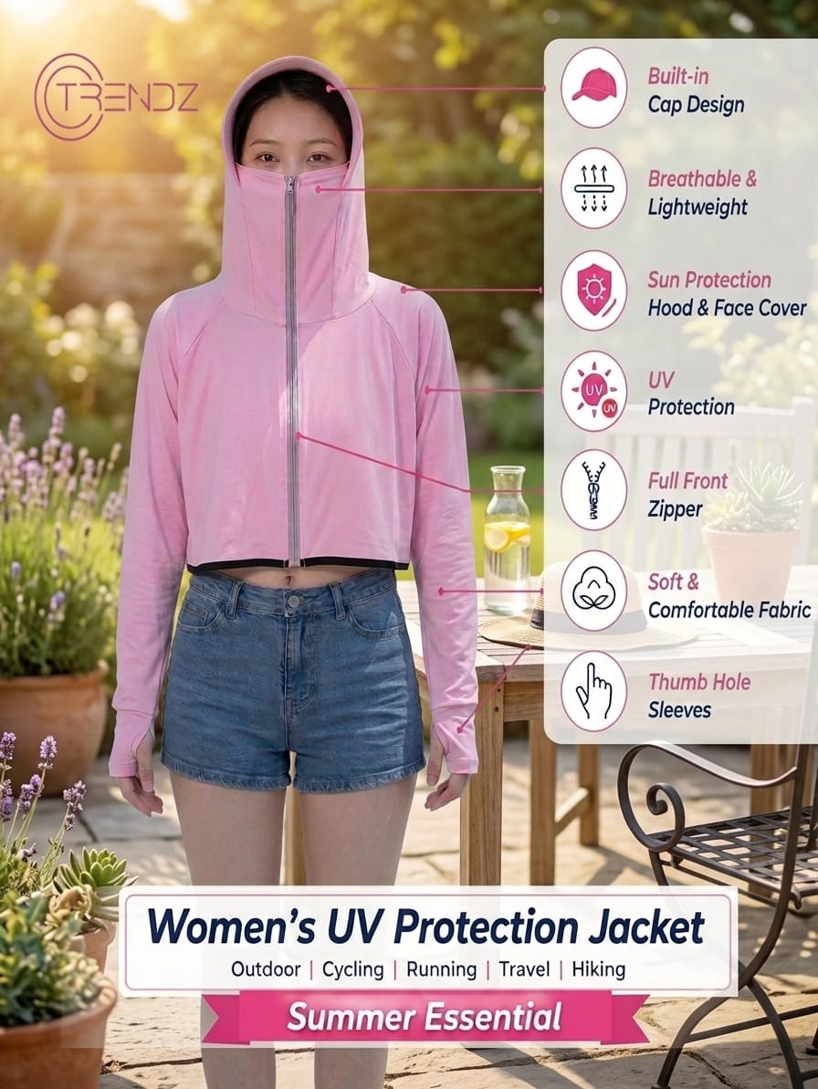Women's UPF 50+ UV Protection Hooded Crop Jacket Pink | UPF 50+ UV Protection, Quick Dry Fabric, Thumb Hole Sleeves, Zip Pockets, Cooling Fabric