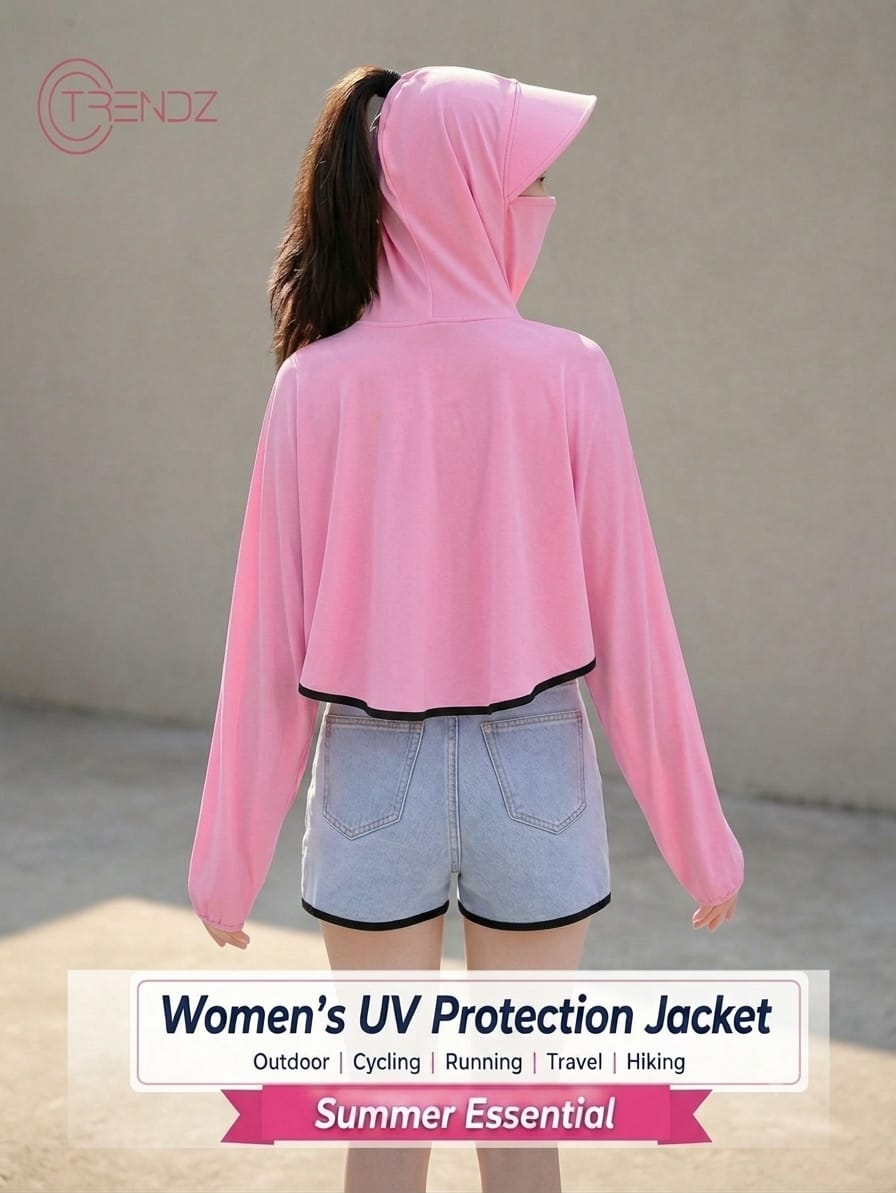 Women's UPF 50+ UV Protection Hooded Crop Jacket Pink | UPF 50+ UV Protection, Quick Dry Fabric, Thumb Hole Sleeves, Zip Pockets, Cooling Fabric