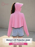Women's UPF 50+ UV Protection Hooded Crop Jacket Pink | UPF 50+ UV Protection, Quick Dry Fabric, Thumb Hole Sleeves, Zip Pockets, Cooling Fabric