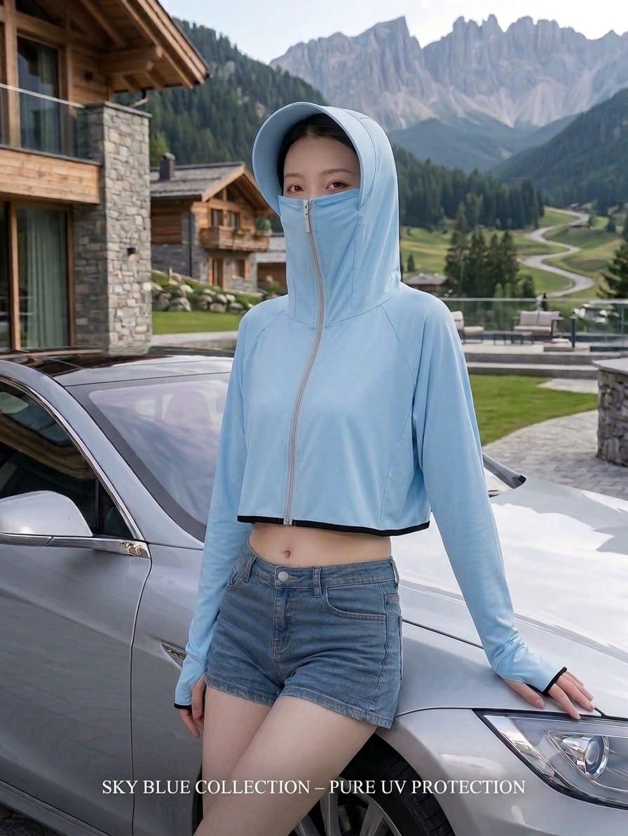 Women's UPF 50+ UV Protection Hooded Crop Jacket Sky Blue| UPF 50+ UV Protection, Quick Dry Fabric, Thumb Hole Sleeves, Zip Pockets, Cooling Fabric