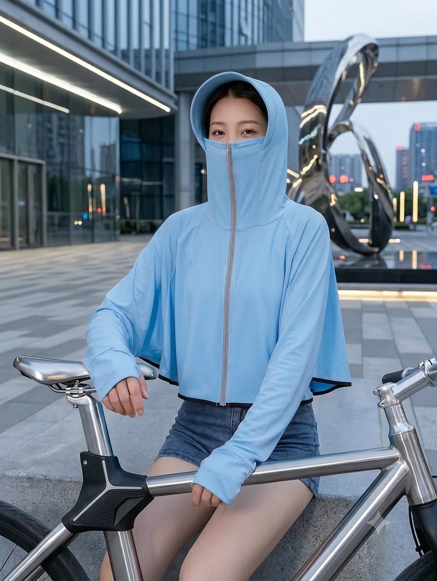 Women's UPF 50+ UV Protection Hooded Crop Jacket Sky Blue| UPF 50+ UV Protection, Quick Dry Fabric, Thumb Hole Sleeves, Zip Pockets, Cooling Fabric