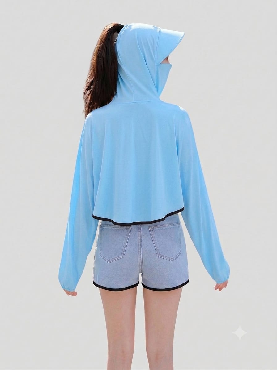 Women's UPF 50+ UV Protection Hooded Crop Jacket Sky Blue| UPF 50+ UV Protection, Quick Dry Fabric, Thumb Hole Sleeves, Zip Pockets, Cooling Fabric