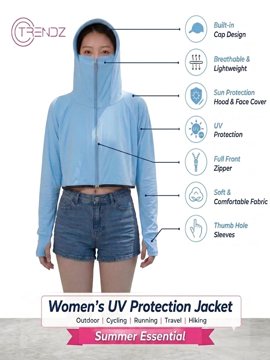 Women's UPF 50+ UV Protection Hooded Crop Jacket Sky Blue| UPF 50+ UV Protection, Quick Dry Fabric, Thumb Hole Sleeves, Zip Pockets, Cooling Fabric