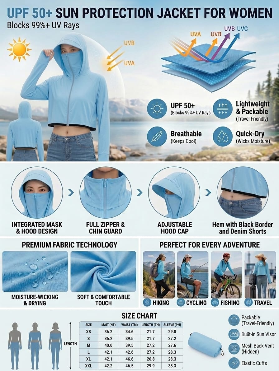 Women's UPF 50+ UV Protection Hooded Crop Jacket Sky Blue| UPF 50+ UV Protection, Quick Dry Fabric, Thumb Hole Sleeves, Zip Pockets, Cooling Fabric