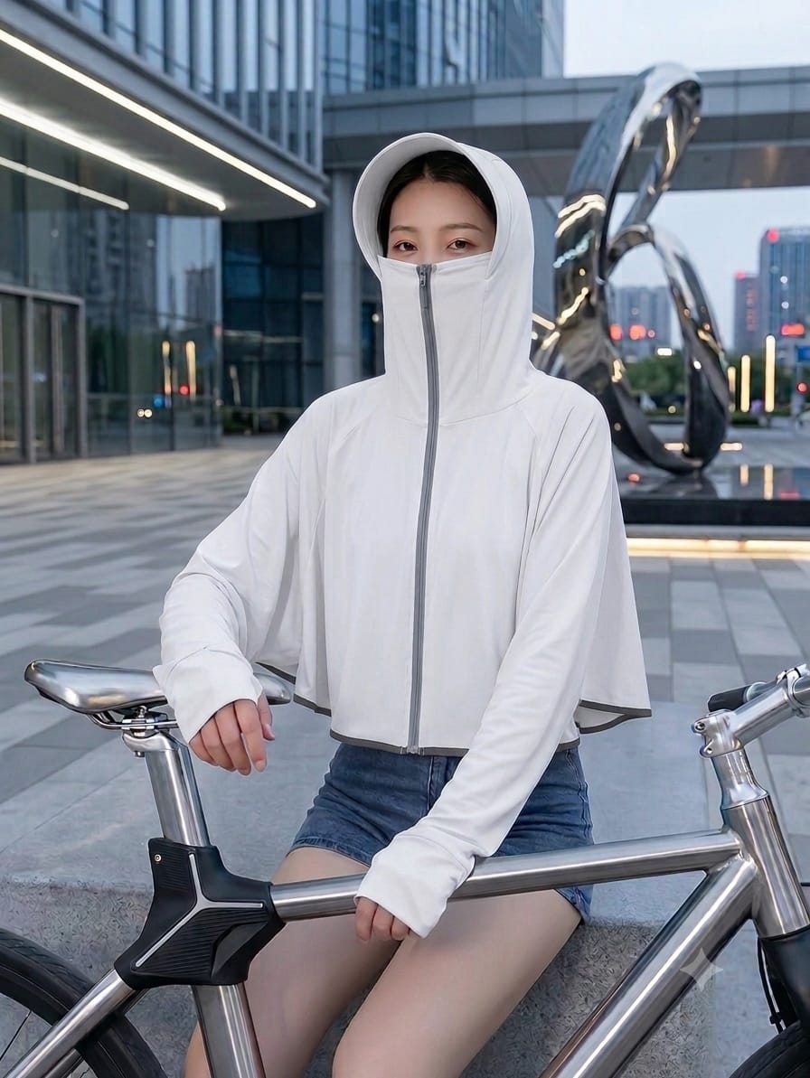 Women's UPF 50+ UV Protection Hooded Crop Jacket White | UPF 50+ UV Protection, Quick Dry Fabric, Thumb Hole Sleeves, Zip Pockets, Cooling Fabric