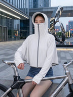 Women's UPF 50+ UV Protection Hooded Crop Jacket White | UPF 50+ UV Protection, Quick Dry Fabric, Thumb Hole Sleeves, Zip Pockets, Cooling Fabric