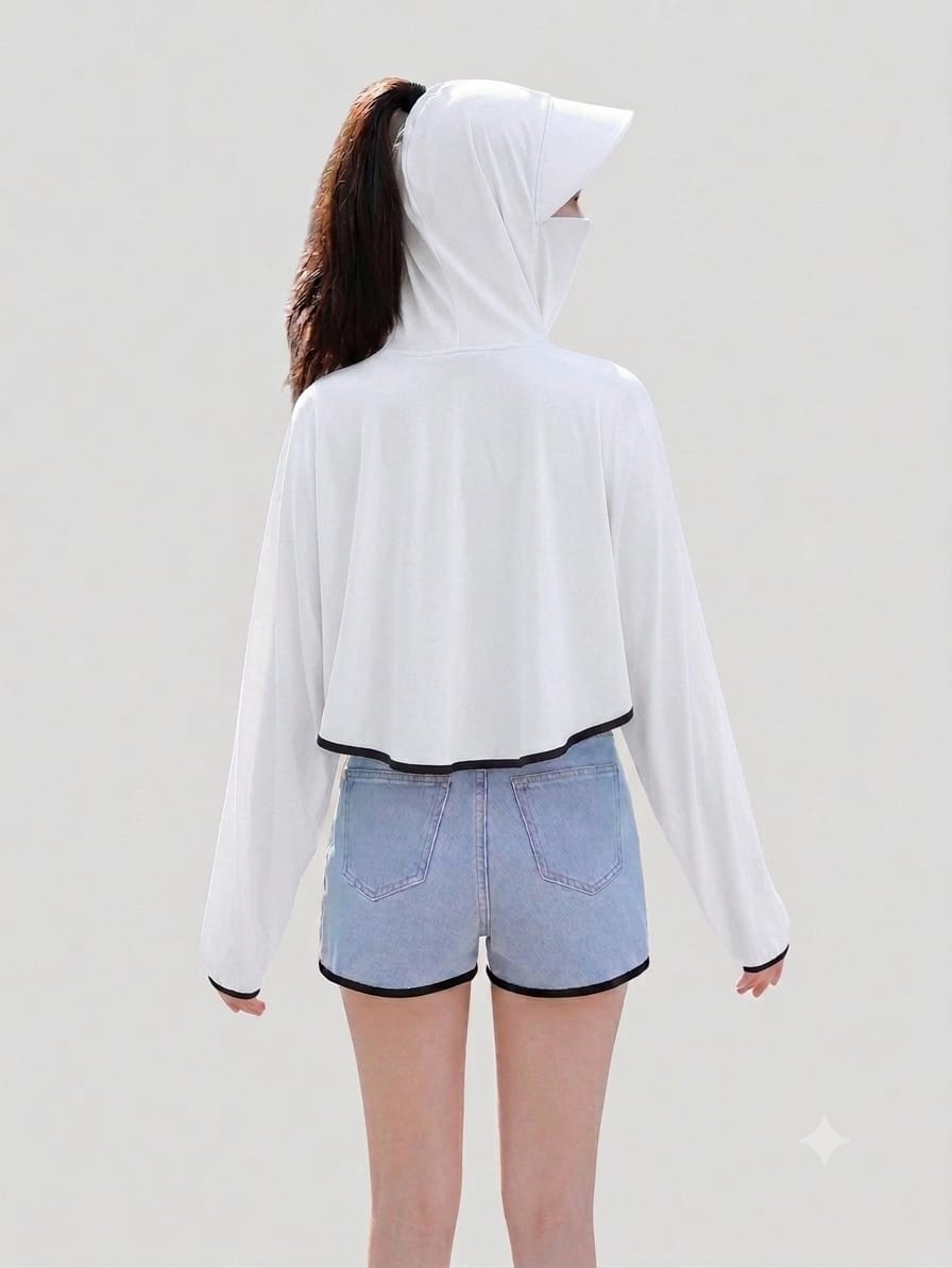 Women's UPF 50+ UV Protection Hooded Crop Jacket White | UPF 50+ UV Protection, Quick Dry Fabric, Thumb Hole Sleeves, Zip Pockets, Cooling Fabric
