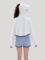 Women's UPF 50+ UV Protection Hooded Crop Jacket White | UPF 50+ UV Protection, Quick Dry Fabric, Thumb Hole Sleeves, Zip Pockets, Cooling Fabric