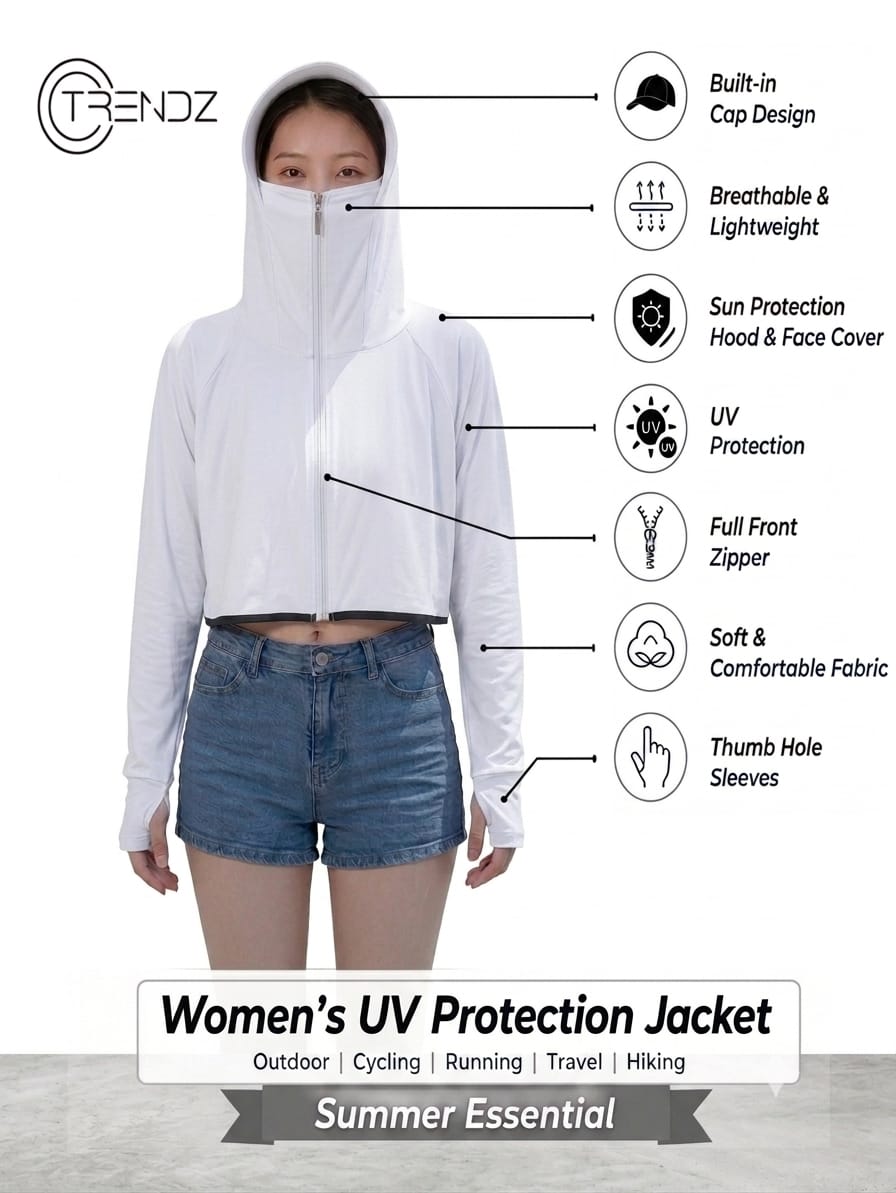 Women's UPF 50+ UV Protection Hooded Crop Jacket White | UPF 50+ UV Protection, Quick Dry Fabric, Thumb Hole Sleeves, Zip Pockets, Cooling Fabric