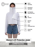 Women's UPF 50+ UV Protection Hooded Crop Jacket White | UPF 50+ UV Protection, Quick Dry Fabric, Thumb Hole Sleeves, Zip Pockets, Cooling Fabric