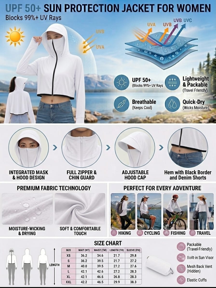 Women's UPF 50+ UV Protection Hooded Crop Jacket White | UPF 50+ UV Protection, Quick Dry Fabric, Thumb Hole Sleeves, Zip Pockets, Cooling Fabric